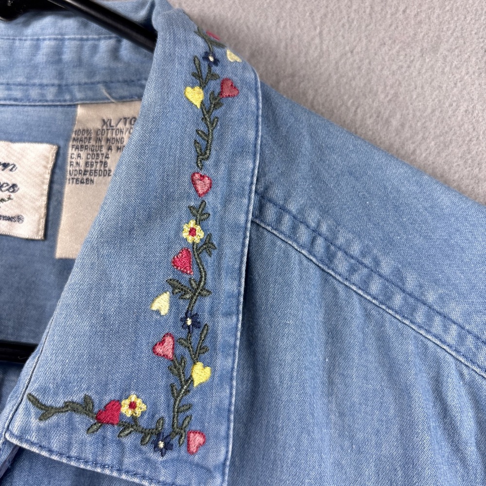 Vintage Northern Treasures Chambray Button Up XL Floral Cottagecore Embroidered - Picture 3 of 14